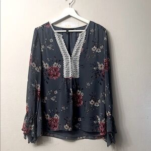 White House Black Market Blue and Pink Embellished Long Sleeve Blouse